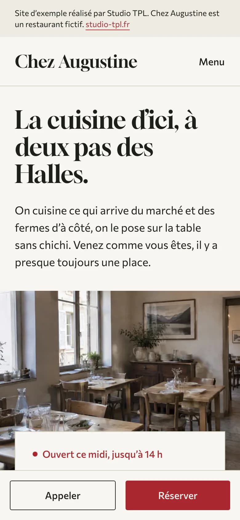 Accueil sur téléphone : titre, photo de la salle, « Ouvert ce midi, jusqu'à 14 h » et la barre fixe Appeler / Réserver