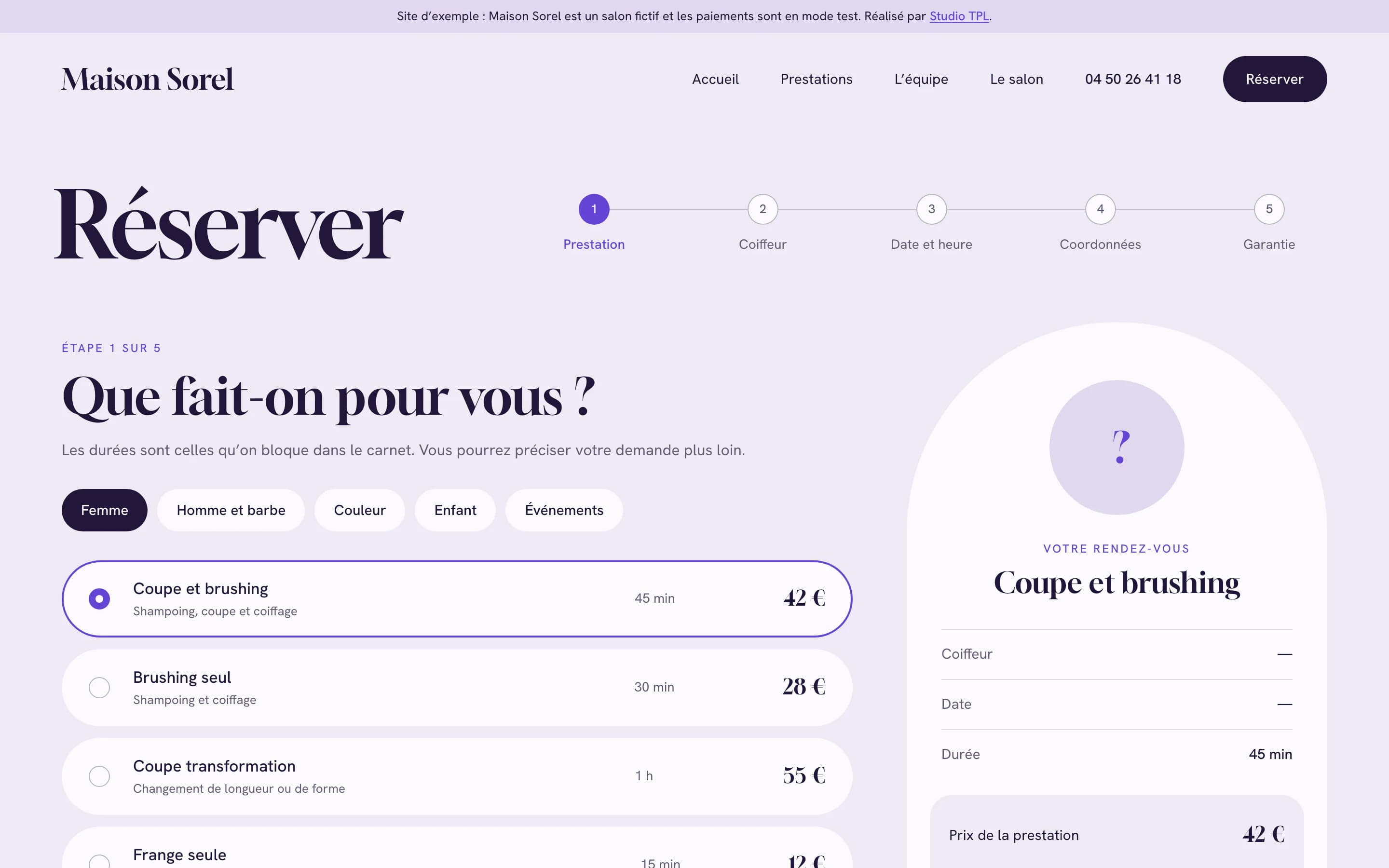 Réservation sur ordinateur, étape 1 sur 5 : choix de la prestation et récapitulatif du rendez-vous pour une coupe et brushing de 45 minutes à 42 €