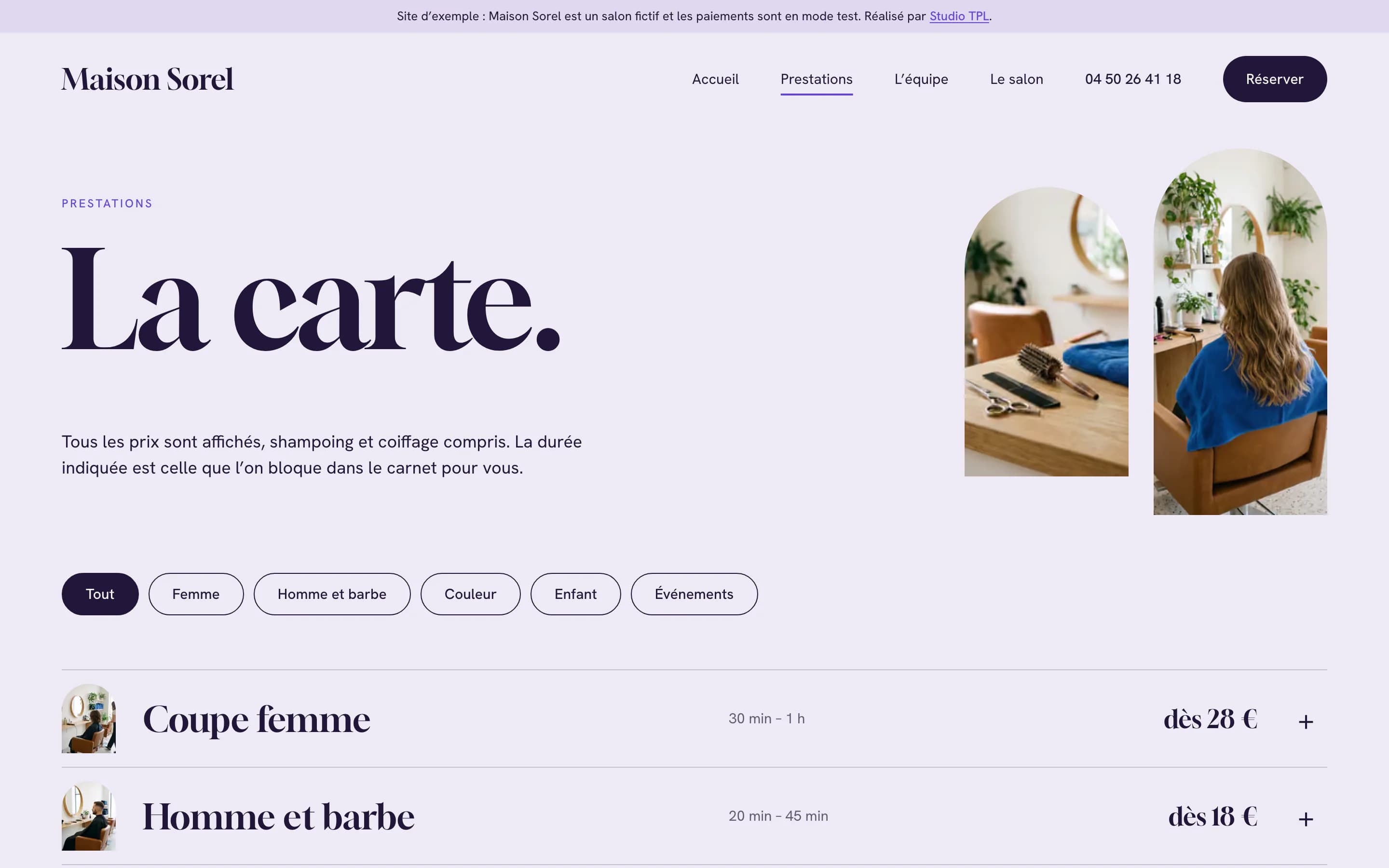 Les prestations sur ordinateur : « La carte. », filtres par catégorie et prestations avec leurs durées et leurs prix